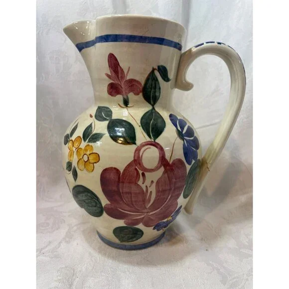 Vintage Handpainted Floral Ceramic Pitcher With Handle *DAMAGED*READ* - Picture 1 of 9